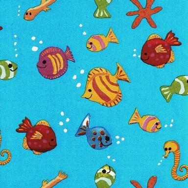 Cadeaupapier tropische vissen, achtergrond in zeeblauw op sterk wit papier.
 