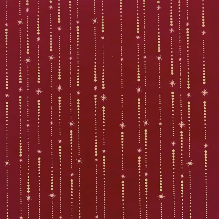 Cadeaupapier gouden sterrenregen in mat bordeaux achtergrond op wit papier.
 